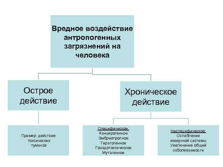 Вредное воздействие антропогенных загрязнений на человека Острое действие Пример: действие токсических туманов Хроническое действие