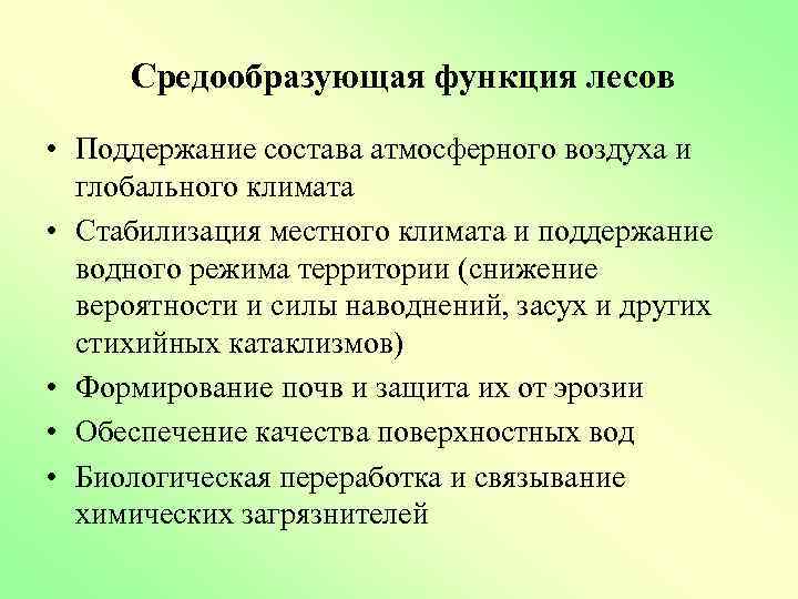 Средообразующая функция лесов • Поддержание состава атмосферного воздуха и глобального климата • Стабилизация местного
