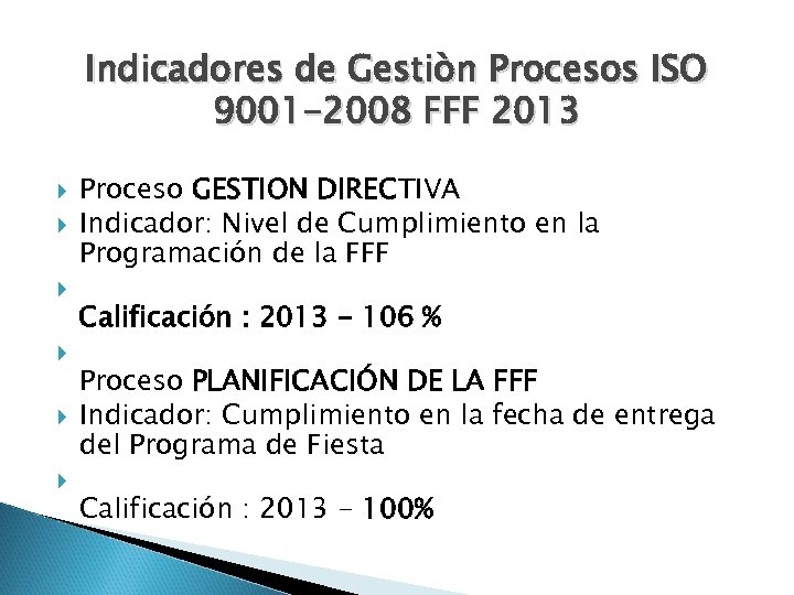 Indicadores de Gestiòn Procesos ISO 9001 -2008 FFF 2013 Proceso GESTION DIRECTIVA Indicador: Nivel