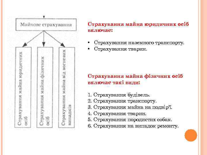 Страхування майна юридичних осіб включає: • Страхування наземного транспорту. • Страхування тварин. Страхування майна