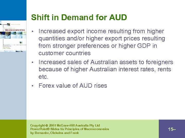 Shift in Demand for AUD • Increased export income resulting from higher quantities and/or