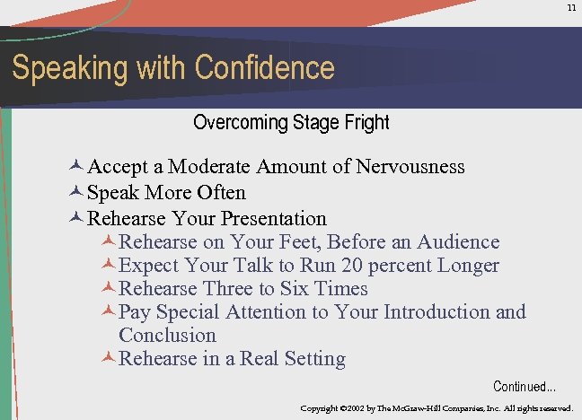 11 Speaking with Confidence Overcoming Stage Fright ©Accept a Moderate Amount of Nervousness ©Speak