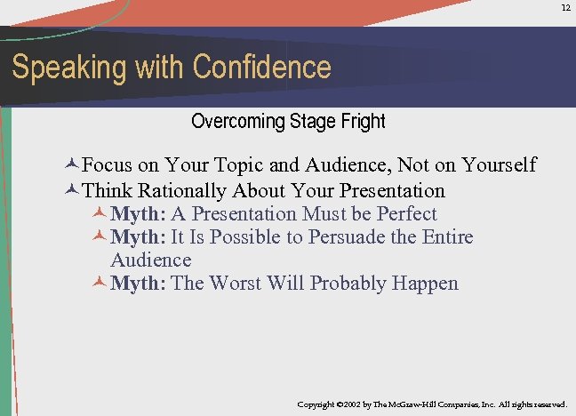 12 Speaking with Confidence Overcoming Stage Fright ©Focus on Your Topic and Audience, Not