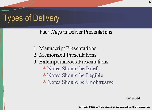 3 Types of Delivery Four Ways to Deliver Presentations 1. Manuscript Presentations 2. Memorized