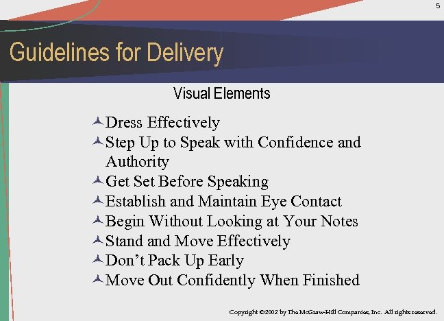 5 Guidelines for Delivery Visual Elements ©Dress Effectively ©Step Up to Speak with Confidence