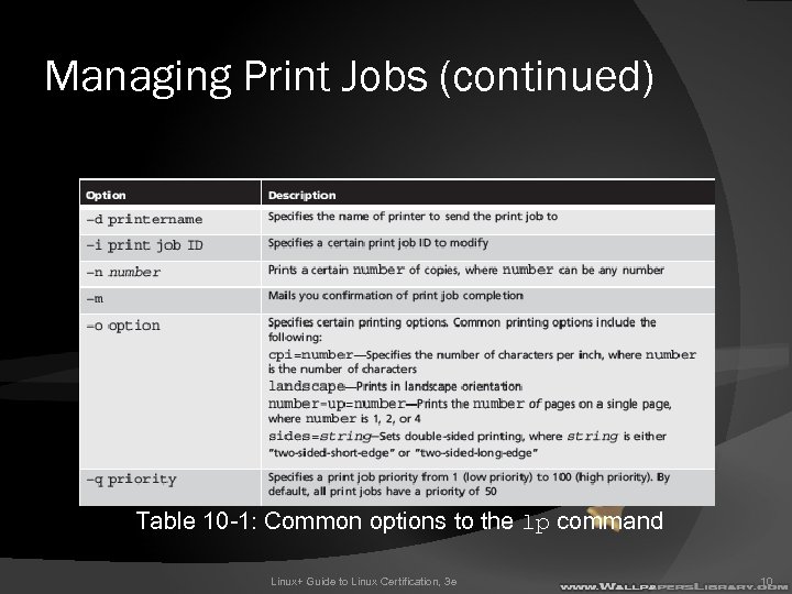 Managing Print Jobs (continued) Table 10 -1: Common options to the lp command Linux+