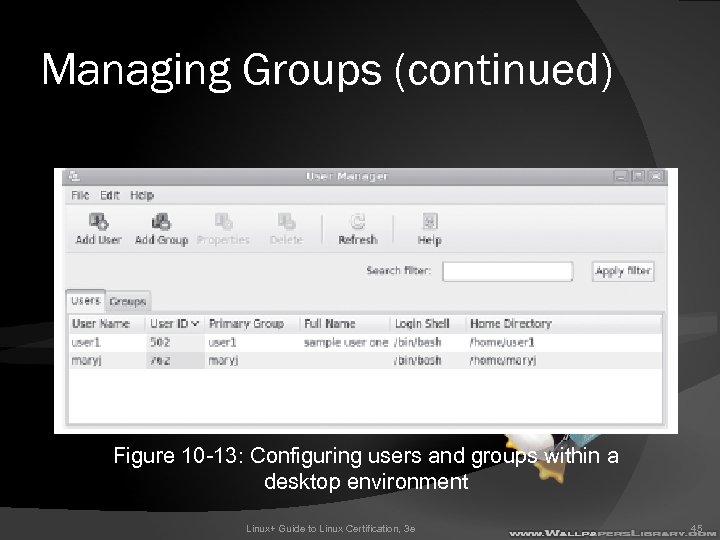 Managing Groups (continued) Figure 10 -13: Configuring users and groups within a desktop environment