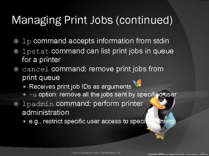 Managing Print Jobs (continued) lp command accepts information from stdin lpstat command can list