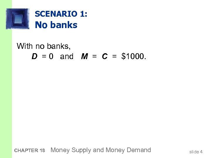 SCENARIO 1: No banks With no banks, D = 0 and M = C