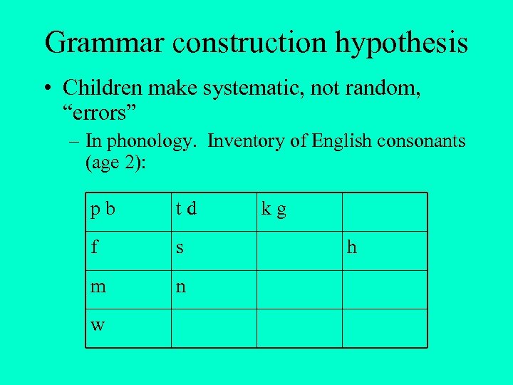 Grammar construction hypothesis • Children make systematic, not random, “errors” – In phonology. Inventory
