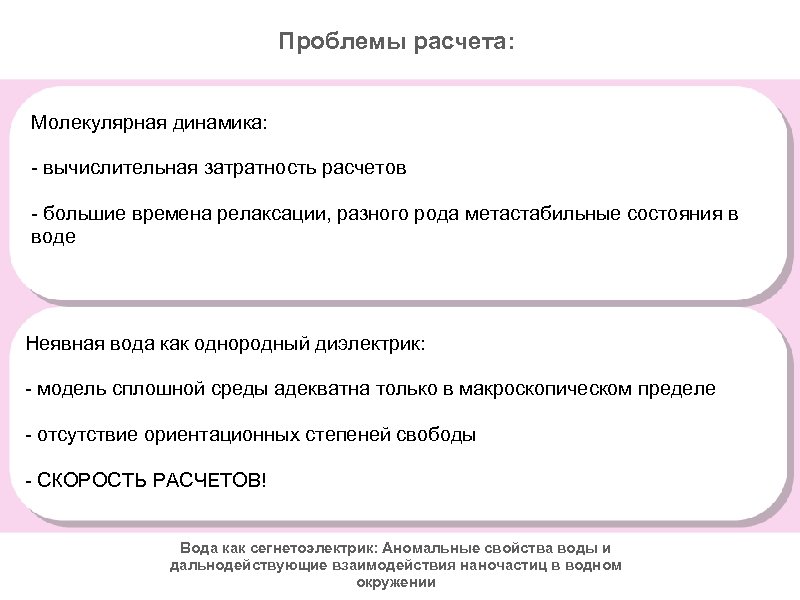 Проблемы расчета: Молекулярная динамика: - вычислительная затратность расчетов - большие времена релаксации, разного рода