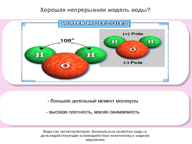 Хорошая непрерывная модель воды? - большой дипольный момент молекулы - высокая плотность, малая сжимаемость