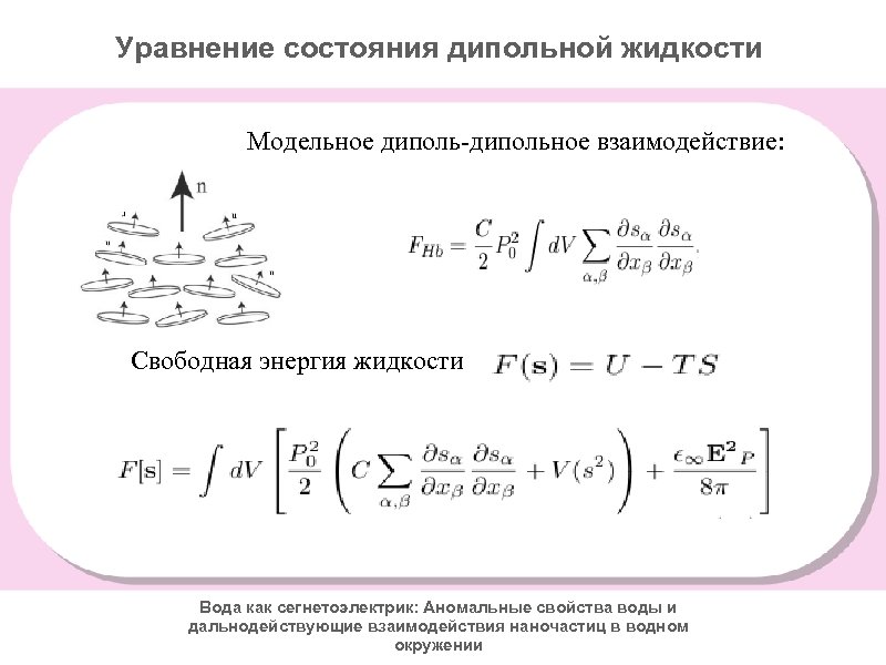 Уравнение состояния дипольной жидкости Модельное диполь-дипольное взаимодействие: Свободная энергия жидкости Вода как сегнетоэлектрик: Аномальные