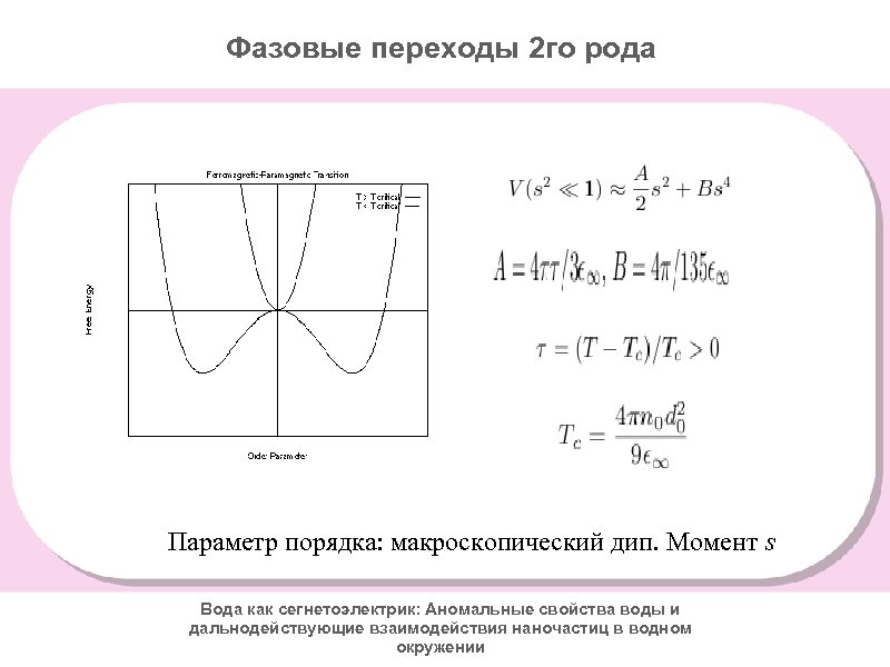 Фазовые переходы 2 го рода Параметр порядка: макроскопический дип. Момент s Вода как сегнетоэлектрик: