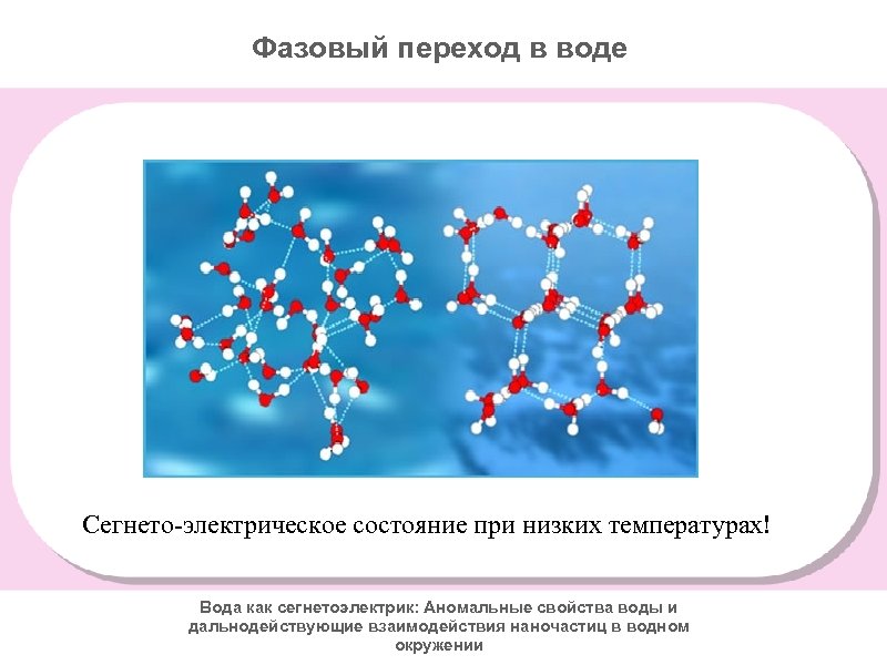 Фазовый переход в воде Сегнето-электрическое состояние при низких температурах! Вода как сегнетоэлектрик: Аномальные свойства