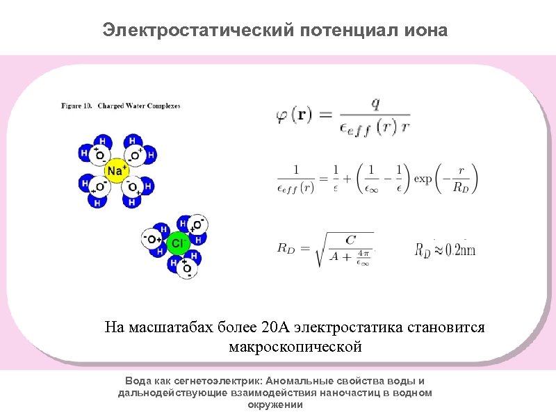 Электростатический потенциал иона На масшатабах более 20 А электростатика становится макроскопической Вода как сегнетоэлектрик: