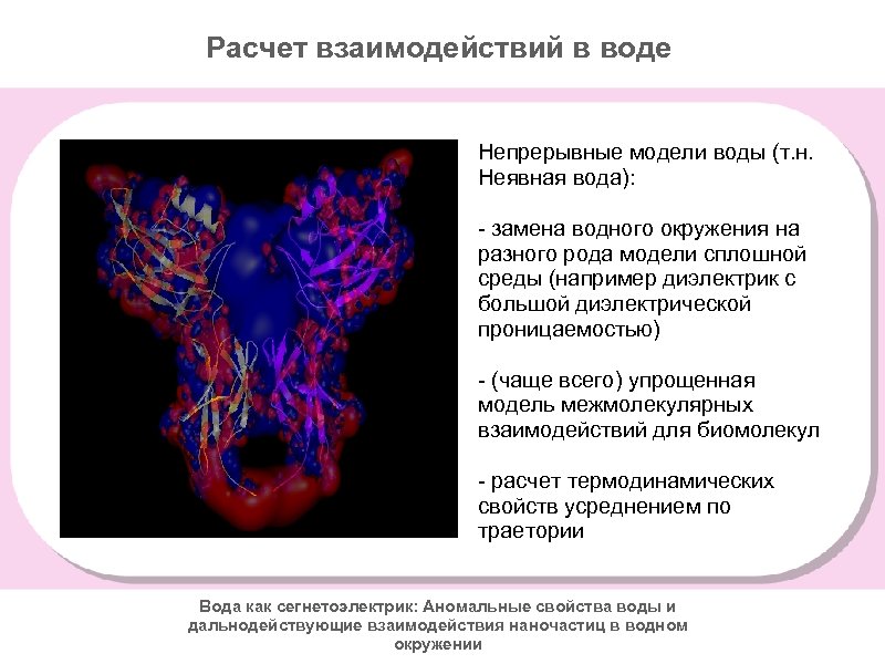 Расчет взаимодействий в воде Непрерывные модели воды (т. н. Неявная вода): - замена водного