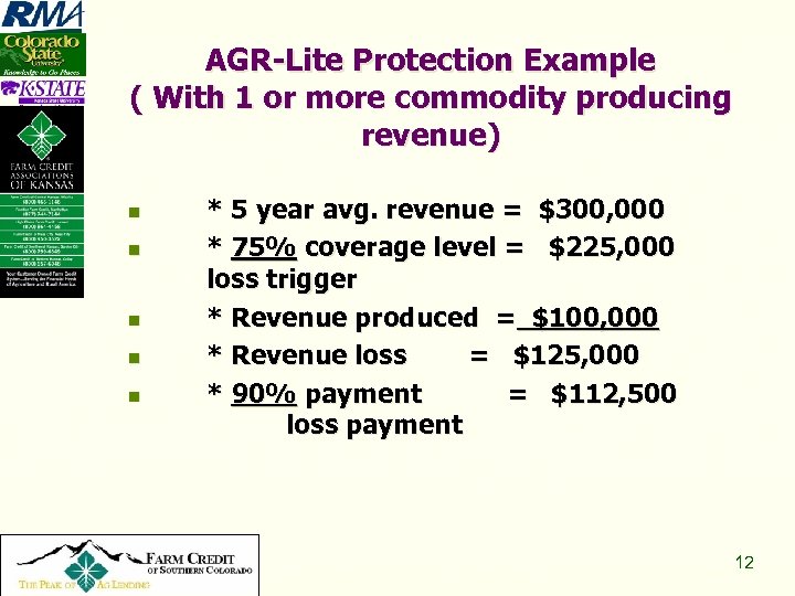 AGR-Lite Protection Example ( With 1 or more commodity producing revenue) n n n