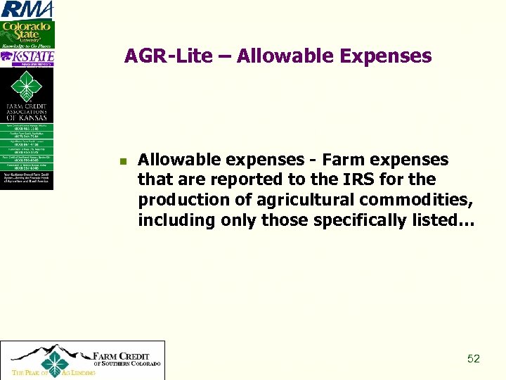 AGR-Lite – Allowable Expenses n Copyright 2008, All Rights Reserved Allowable expenses - Farm