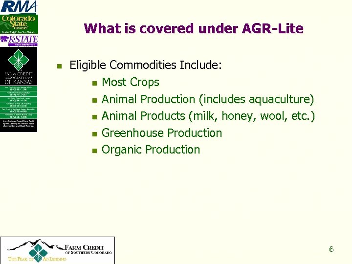 What is covered under AGR-Lite n Copyright 2008, All Rights Reserved Eligible Commodities Include: