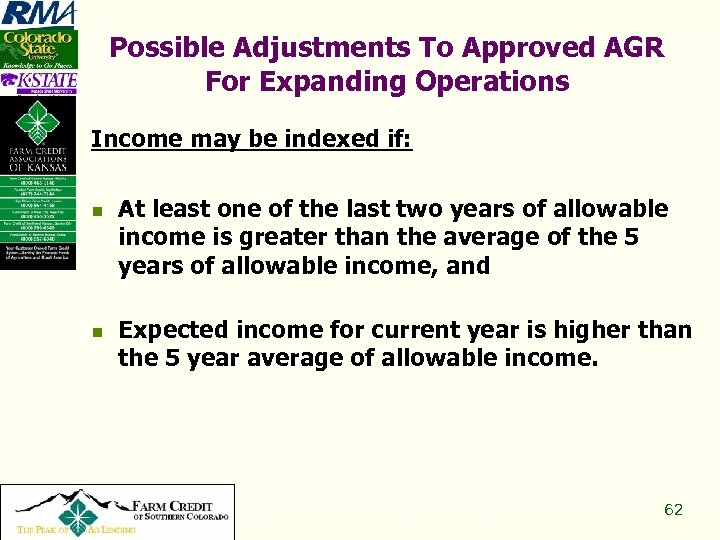 Possible Adjustments To Approved AGR For Expanding Operations Income may be indexed if: n