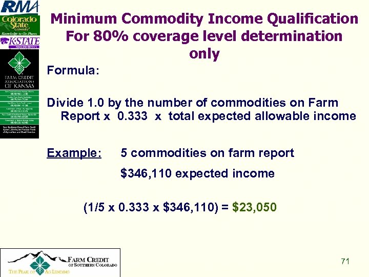 Minimum Commodity Income Qualification For 80% coverage level determination only Formula: Divide 1. 0