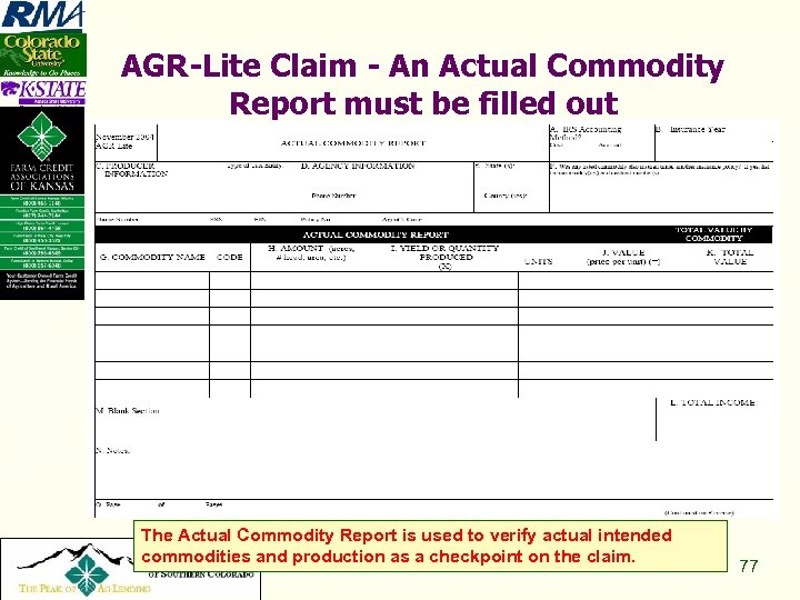 AGR-Lite Claim - An Actual Commodity Report must be filled out Copyright 2008, All