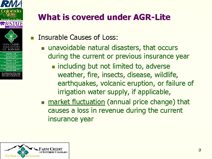 What is covered under AGR-Lite n Copyright 2008, All Rights Reserved Insurable Causes of