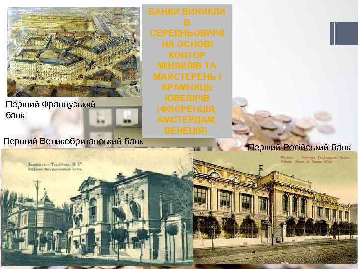 Перший Французький банк Перший Великобританський банк БАНКИ ВИНИКЛИ В СЕРЕДНЬОВІЧЧІ НА ОСНОВІ КОНТОР МІНЯЙЛІВ