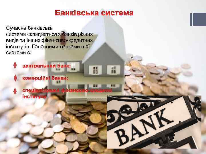 Сучасна банківська система складається з банків різних видів та інших фінансово-кредитних інститутів. Головними ланками