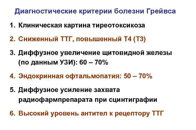 Диагностические критерии болезни Грейвса 1. Клиническая картина тиреотоксикоза 2. Сниженный ТТГ, повышенный Т 4