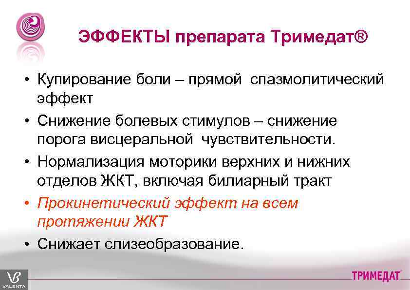 ЭФФЕКТЫ препарата Тримедат® • Купирование боли – прямой спазмолитический эффект • Снижение болевых стимулов