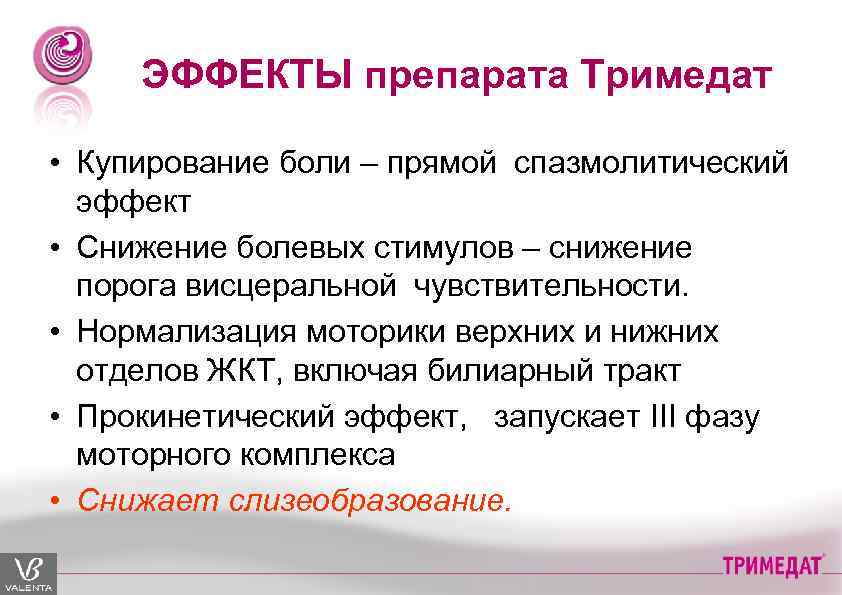 ЭФФЕКТЫ препарата Тримедат • Купирование боли – прямой спазмолитический эффект • Снижение болевых стимулов