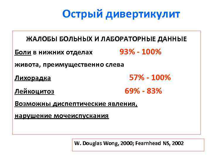 Острый дивертикулит ЖАЛОБЫ БОЛЬНЫХ И ЛАБОРАТОРНЫЕ ДАННЫЕ Боли в нижних отделах 93% - 100%