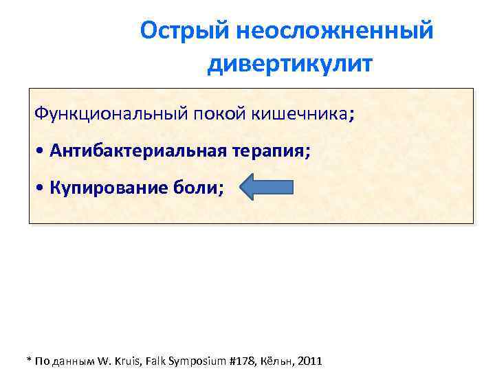 Острый неосложненный дивертикулит Функциональный покой кишечника; • Антибактериальная терапия; • Купирование боли; * По