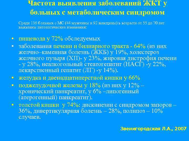 Частота выявления заболеваний ЖКТ у больных с метаболическим синдромом Среди 136 больных с МС