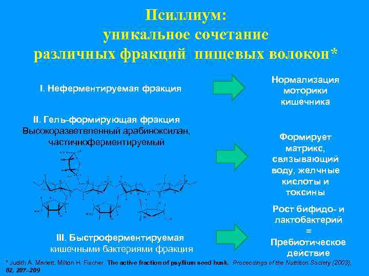 Псиллиум: уникальное сочетание различных фракций пищевых волокон* I. Неферментируемая фракция II. Гель-формирующая фракция Высокоразветвленный