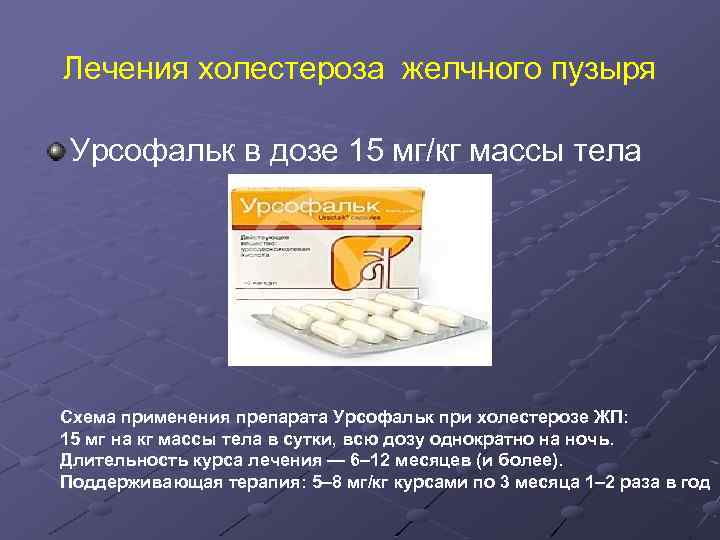 Лечения холестероза желчного пузыря Урсофальк в дозе 15 мг/кг массы тела Схема применения препарата