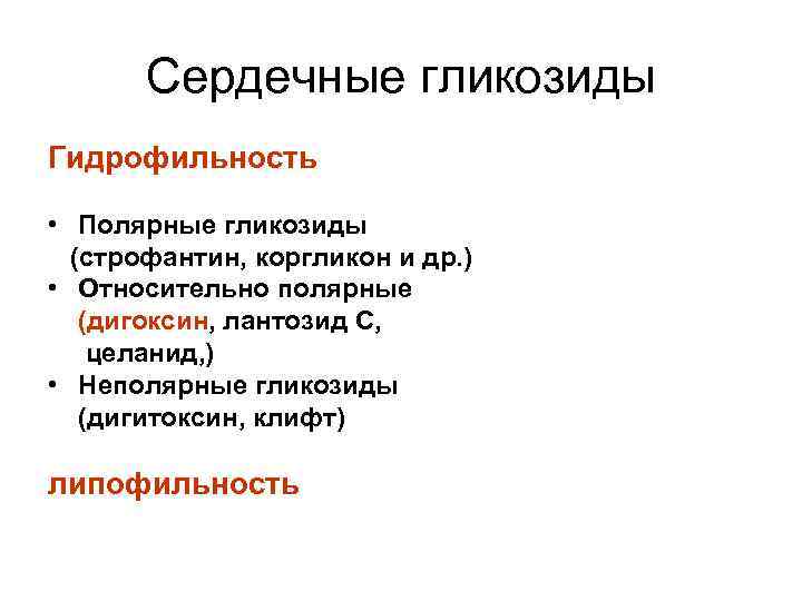 Сердечные гликозиды Гидрофильность • Полярные гликозиды (строфантин, коргликон и др. ) • Относительно полярные