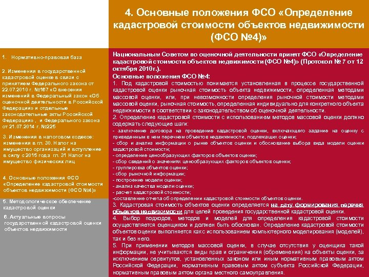 4. Основные положения ФСО «Определение кадастровой стоимости объектов недвижимости (ФСО № 4)» 1. Нормативно-правовая