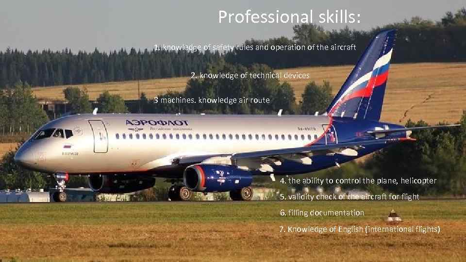 Professional skills: 1. knowledge of safety rules and operation of the aircraft 2. knowledge