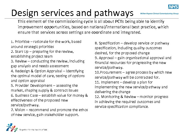 Design services and pathways This element of the commissioning cycle is all about PCTs
