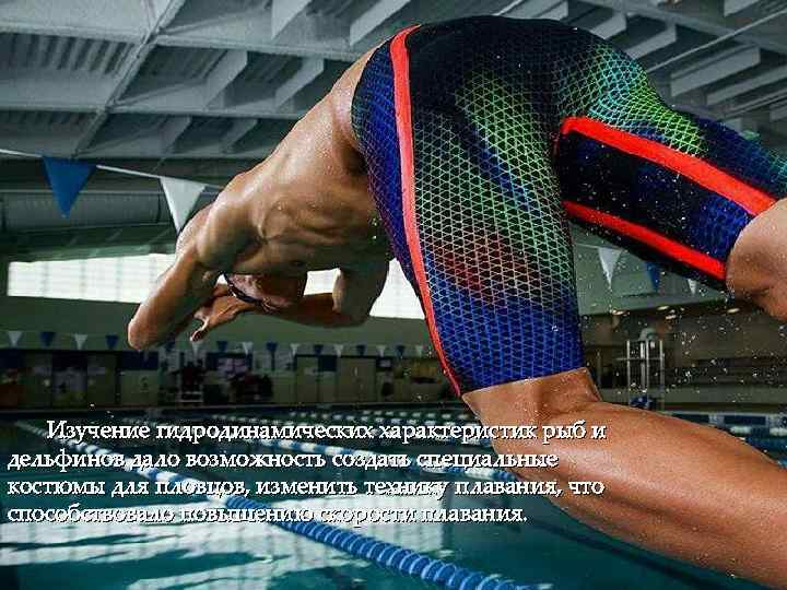 Изучение гидродинамических характеристик рыб и дельфинов дало возможность создать специальные костюмы для пловцов, изменить