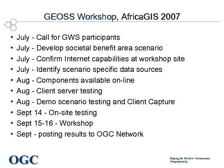 GEOSS Workshop, Africa. GIS 2007 • • • July - Call for GWS participants
