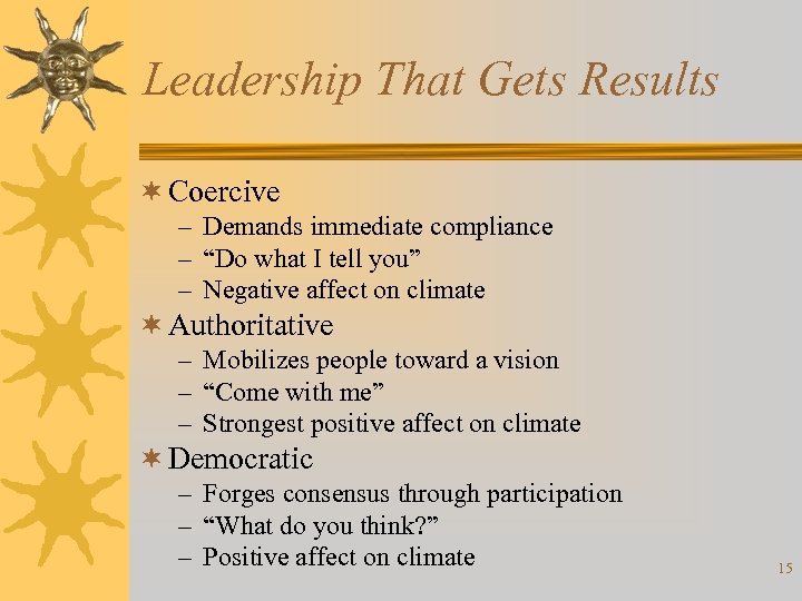 Leadership That Gets Results ¬ Coercive – Demands immediate compliance – “Do what I