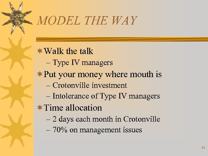 MODEL THE WAY ¬Walk the talk – Type IV managers ¬Put your money where