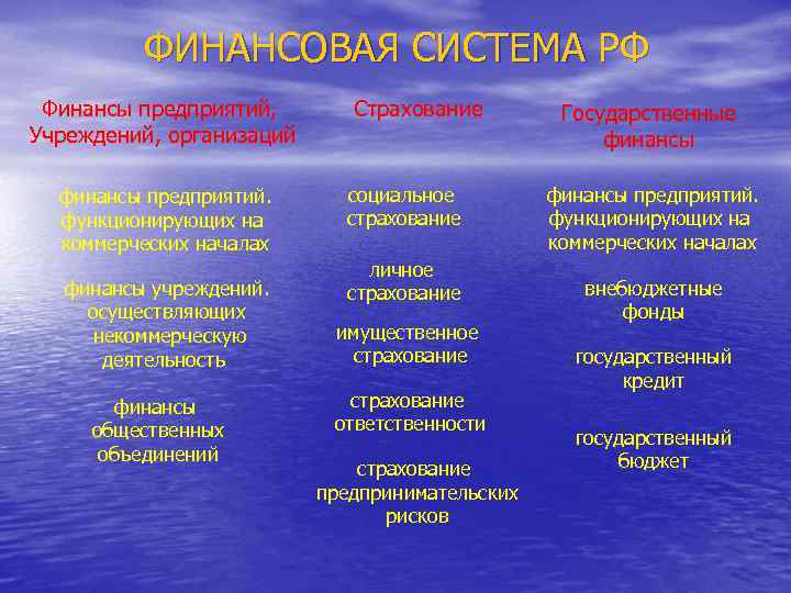 ФИНАНСОВАЯ СИСТЕМА РФ Финансы предприятий, Учреждений, организаций финансы предприятий. функционирующих на коммерческих началах финансы