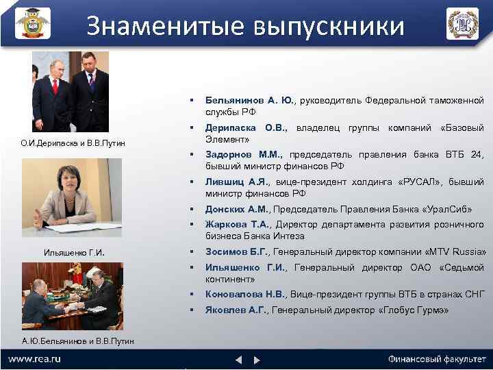 Знаменитые выпускники § Бельянинов А. Ю. , руководитель Федеральной таможенной службы РФ § Дерипаска