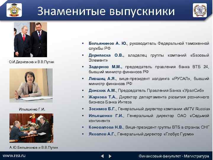 Знаменитые выпускники § Бельянинов А. Ю. , руководитель Федеральной таможенной службы РФ § Дерипаска