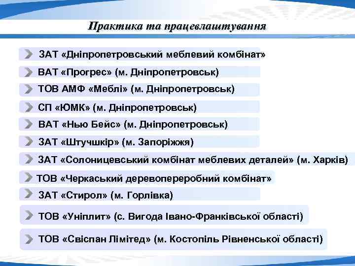 Практика та працевлаштування ЗАТ «Дніпропетровський меблевий комбінат» ВАТ «Прогрес» (м. Дніпропетровськ) ТОВ АМФ «Меблі»